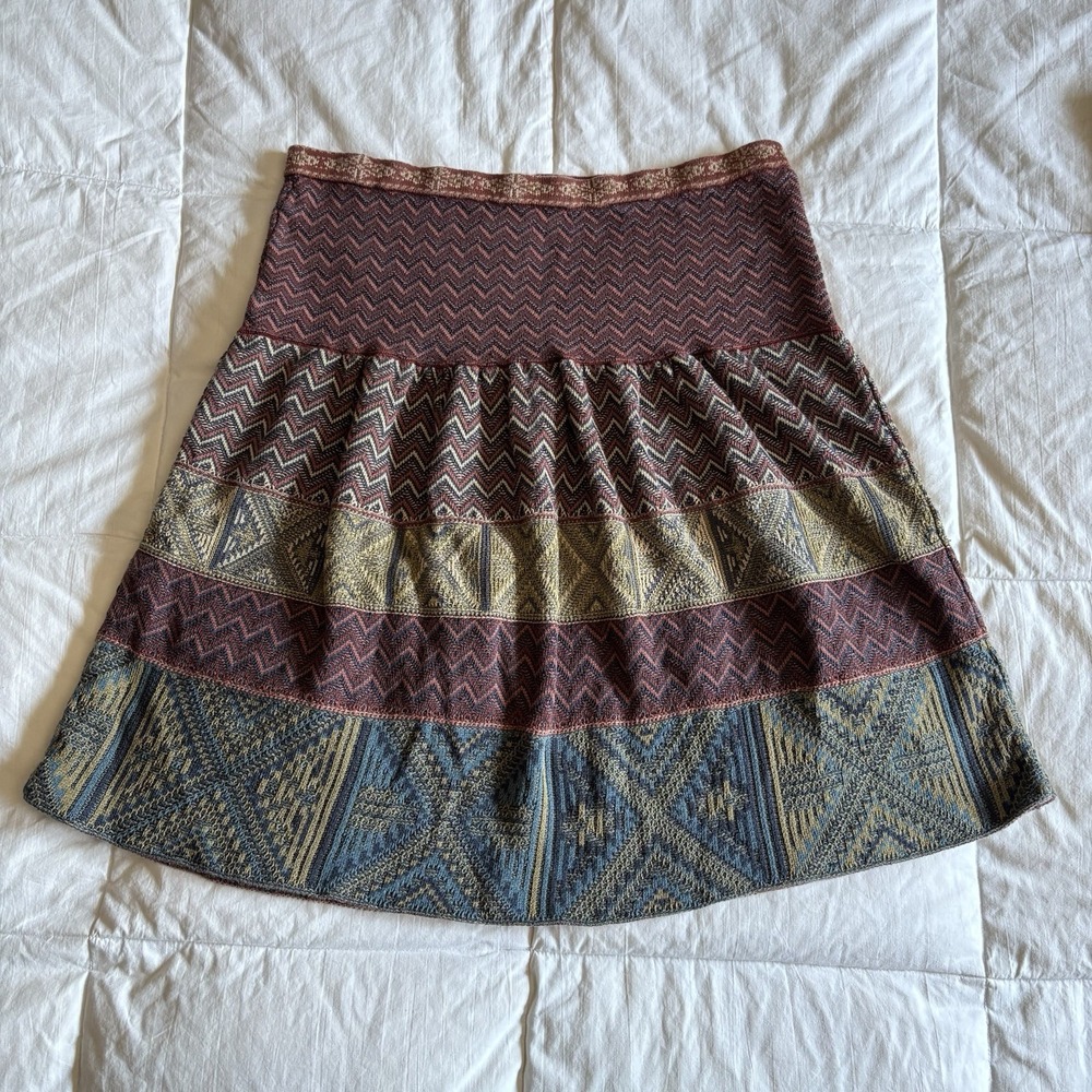 Peruvian Connection Mosaic Tiered Flounce Knit Mini Skirt Geometric Women M Boho